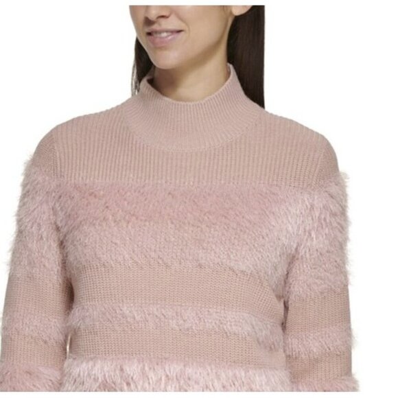 Calvin Klein Women's Eyelash Puff Knit Long Sleeve Mock Neck Beige Pink Sweater - Picture 8 of 8